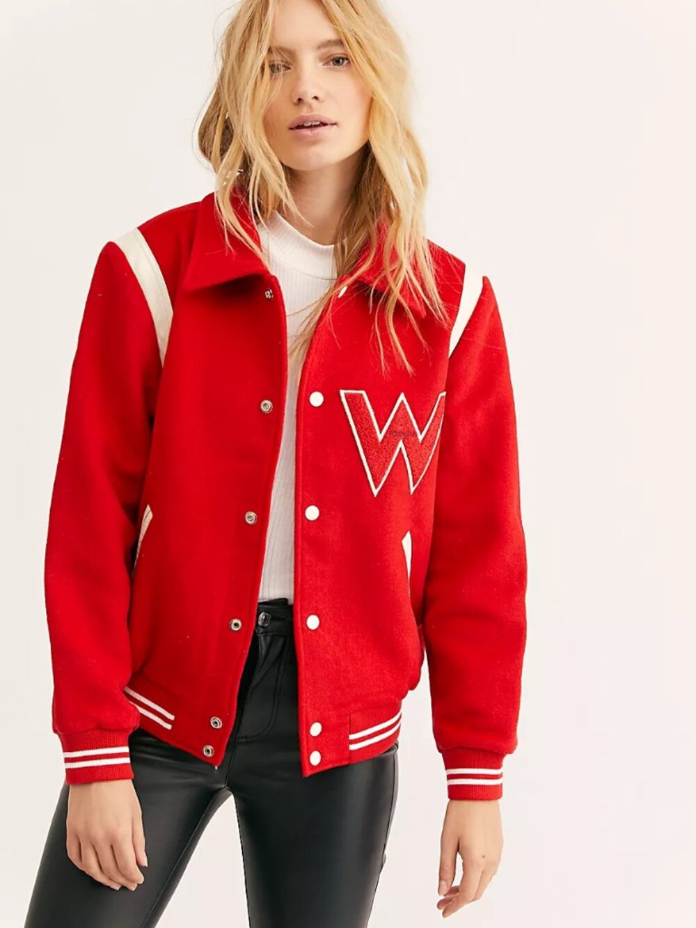 Wrangler Women's Size S Red Salsa Bomber luxe Varsity Jacket Wool Blend